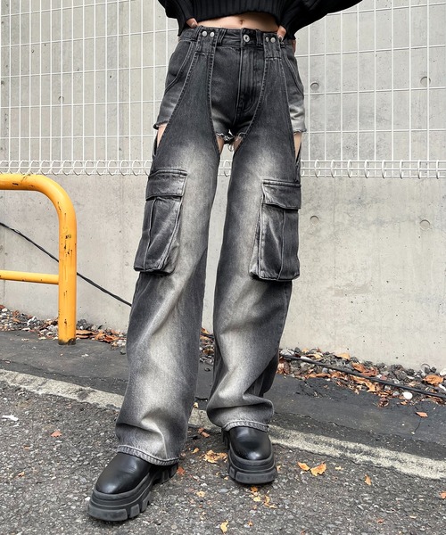 2WAYカーゴオーバーダイデニム（デニムパンツ）｜SPIRALGIRL