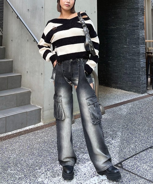 SPIRALGIRL（スパイラルガール）の「2WAYカーゴオーバーダイデニム（デニムパンツ・レディース・ブラック/ブルー・MEDIUM/SMALL）」の9枚目の写真