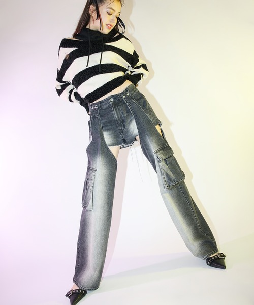 SPIRALGIRL（スパイラルガール）の「2WAYカーゴオーバーダイデニム（デニムパンツ・レディース・ブラック/ブルー・MEDIUM/SMALL）」の6枚目の写真