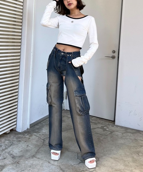 SPIRALGIRL（スパイラルガール）の「2WAYカーゴオーバーダイデニム（デニムパンツ・レディース・ブラック/ブルー・MEDIUM/SMALL）」の10枚目の写真