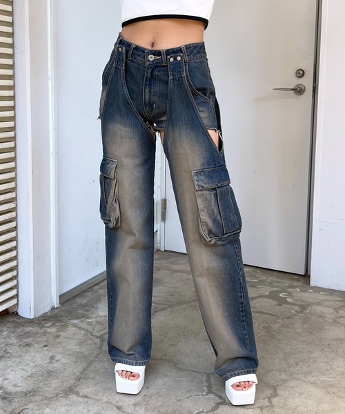 SPIRALGIRL（スパイラルガール）の「2WAYカーゴオーバーダイデニム（デニムパンツ・レディース・ブラック/ブルー・MEDIUM/SMALL）」の11枚目の写真