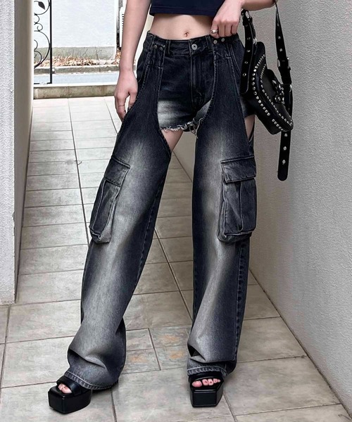 SPIRALGIRL（スパイラルガール）の「2WAYカーゴオーバーダイデニム（デニムパンツ・レディース・ブラック/ブルー・MEDIUM/SMALL）」の19枚目の写真