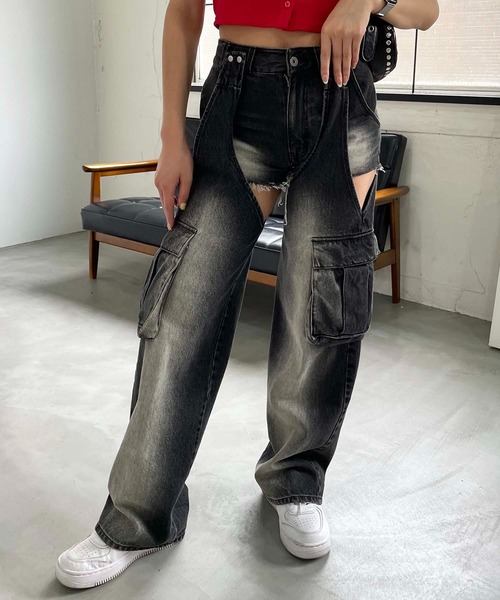 2WAYカーゴオーバーダイデニム（デニムパンツ）｜SPIRALGIRL