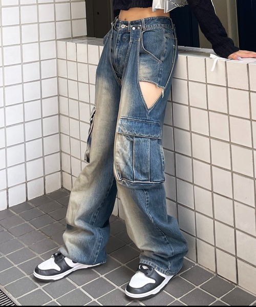 14日中お値引き　SPIRALGIRE 2wayカーゴオーバーダイ デニムパンツ 2WAYカーゴオーバーダイデニム（デニムパンツ）｜SPIRALGIRL