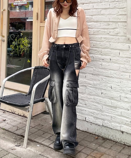 SPIRALGIRL（スパイラルガール）の「2WAYカーゴオーバーダイデニム（デニムパンツ・レディース・ブラック/ブルー・MEDIUM/SMALL）」の22枚目の写真