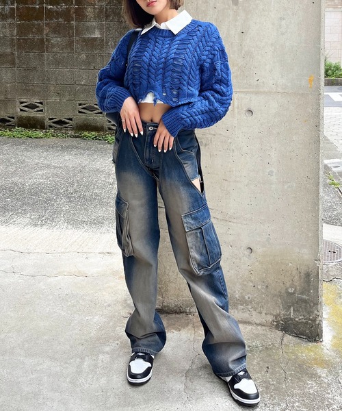 SPIRALGIRL（スパイラルガール）の「2WAYカーゴオーバーダイデニム（デニムパンツ・レディース・ブラック/ブルー・MEDIUM/SMALL）」の18枚目の写真