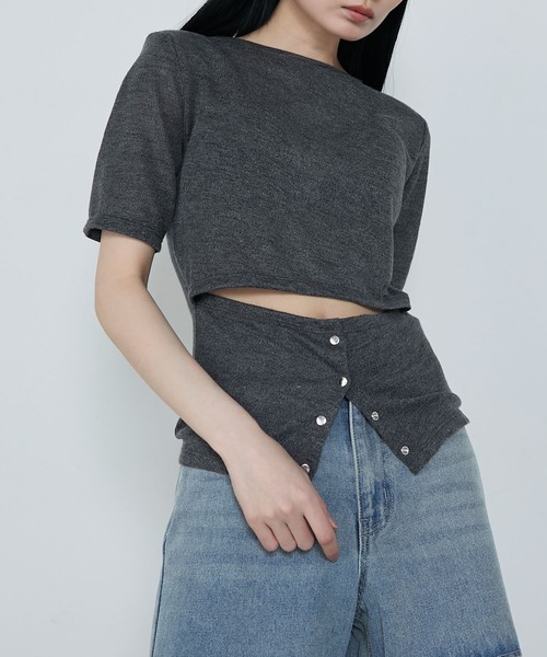 le ELMi（ルエルミ）の「Front snap design tops / フロントスナップ デザイントップス（Tシャツ/カットソー・レディース・チャコールグレー/ブラック・FREE）」の16枚目の写真
