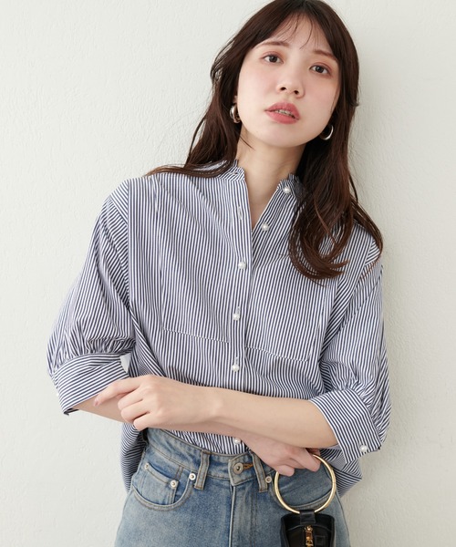 natural couture（ナチュラルクチュール）の「パール釦ヨーク切替5分袖シャツブラウス（シャツ/ブラウス・レディース・ブルー系その他/ブラック系その他/ブルー/オフホワイト/グレー・FREE）」の10枚目の写真