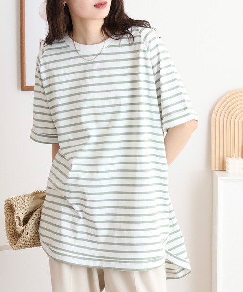 myke(ミーカ)の「myke OE天竺 ボーダー柄バックヘンリーラグランTシャツ(Tシャツ/カットソー・レディース・ホワイト×ネイビー/ホワイト×イエロー/ホワイト×ピンク/ホワイト×グリーン/ブラック×ホワイト・M)」の2枚目の写真