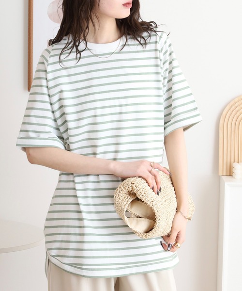 myke(ミーカ)の「myke OE天竺 ボーダー柄バックヘンリーラグランTシャツ(Tシャツ/カットソー・レディース・ホワイト×ネイビー/ホワイト×イエロー/ホワイト×ピンク/ホワイト×グリーン/ブラック×ホワイト・M)」の18枚目の写真