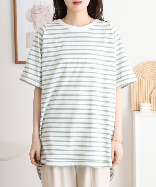myke(ミーカ)の「myke OE天竺 ボーダー柄バックヘンリーラグランTシャツ(Tシャツ/カットソー・レディース・ホワイト×ネイビー/ホワイト×イエロー/ホワイト×ピンク/ホワイト×グリーン/ブラック×ホワイト・M)」の8枚目の写真