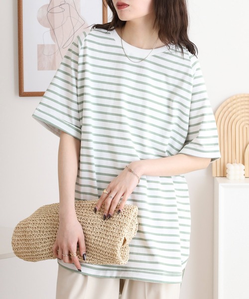 myke(ミーカ)の「myke OE天竺 ボーダー柄バックヘンリーラグランTシャツ(Tシャツ/カットソー・レディース・ホワイト×ネイビー/ホワイト×イエロー/ホワイト×ピンク/ホワイト×グリーン/ブラック×ホワイト・M)」の16枚目の写真