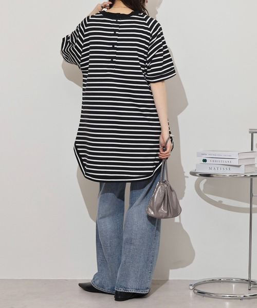 myke(ミーカ)の「myke OE天竺 ボーダー柄バックヘンリーラグランTシャツ(Tシャツ/カットソー・レディース・ホワイト×ネイビー/ホワイト×イエロー/ホワイト×ピンク/ホワイト×グリーン/ブラック×ホワイト・M)」の7枚目の写真