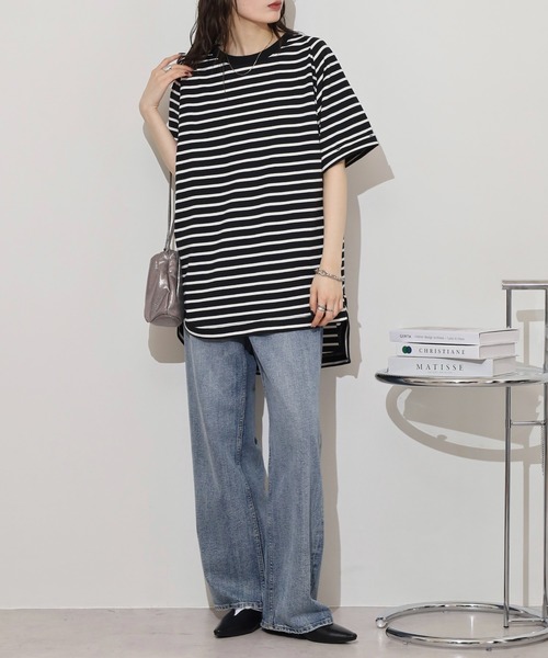 myke(ミーカ)の「myke OE天竺 ボーダー柄バックヘンリーラグランTシャツ(Tシャツ/カットソー・レディース・ホワイト×ネイビー/ホワイト×イエロー/ホワイト×ピンク/ホワイト×グリーン/ブラック×ホワイト・M)」の6枚目の写真