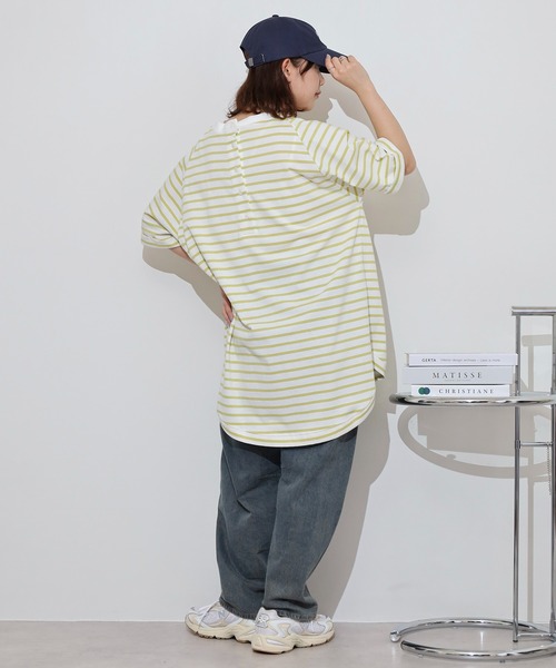セール】myke OE天竺 ボーダー柄バックヘンリーラグランTシャツ