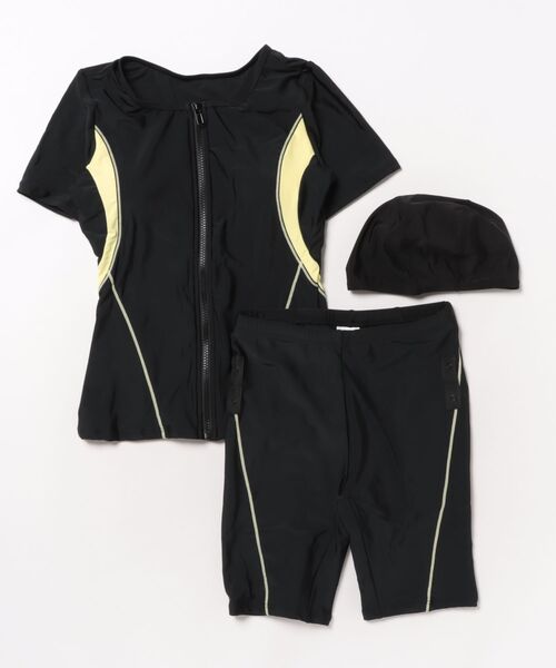 スイムウェア セパレート レディース L エレッセ 黒 半袖 セール】【3点セット】半袖 ジップアップ セパレート