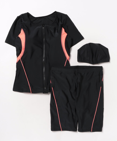 スイムウェア セパレート レディース L エレッセ 黒 半袖 セール】【3点セット】半袖 ジップアップ セパレート