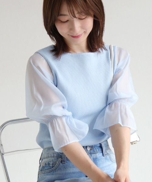 Pierrot（ピエロ）の「シアードッキングキャンディースリーブボートネックニット（Tシャツ/カットソー・レディース・ブラック/ライトブルー/グレー/オフホワイト/ラベンダー・M/L）」の4枚目の写真