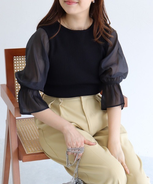 Pierrot（ピエロ）の「シアードッキングキャンディースリーブボートネックニット（Tシャツ/カットソー・レディース・ブラック/ライトブルー/グレー/オフホワイト/ラベンダー・M/L）」の3枚目の写真