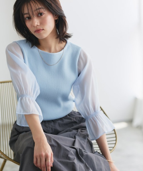 Pierrot（ピエロ）の「シアードッキングキャンディースリーブボートネックニット（Tシャツ/カットソー・レディース・ブラック/ライトブルー/グレー/オフホワイト/ラベンダー・M/L）」の7枚目の写真