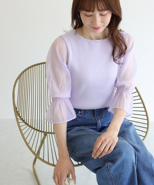 Pierrot（ピエロ）の「シアードッキングキャンディースリーブボートネックニット（Tシャツ/カットソー・レディース・ブラック/ライトブルー/グレー/オフホワイト/ラベンダー・M/L）」の21枚目の写真