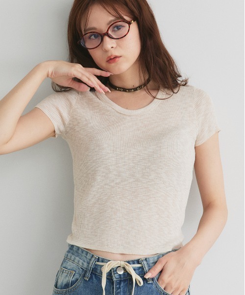 ad thie(アドティエ)の「ハーフスリーブ シアーリブニット(ニット/セーター・レディース・ライトブルー/ライトピンク/ナチュラル/ライトグリーン/ブラック・FREE)」の1枚目の写真