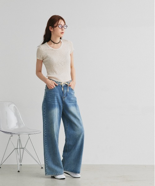 ad thie(アドティエ)の「ハーフスリーブ シアーリブニット(ニット/セーター・レディース・ライトブルー/ライトピンク/ナチュラル/ライトグリーン/ブラック・FREE)」の7枚目の写真