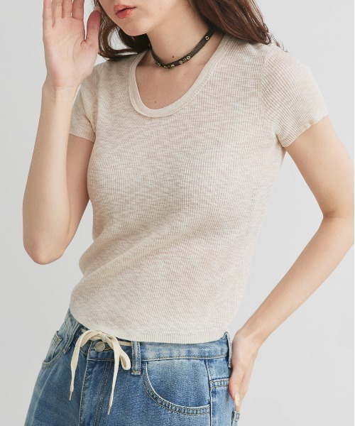 ad thie(アドティエ)の「ハーフスリーブ シアーリブニット(ニット/セーター・レディース・ライトブルー/ライトピンク/ナチュラル/ライトグリーン/ブラック・FREE)」の10枚目の写真