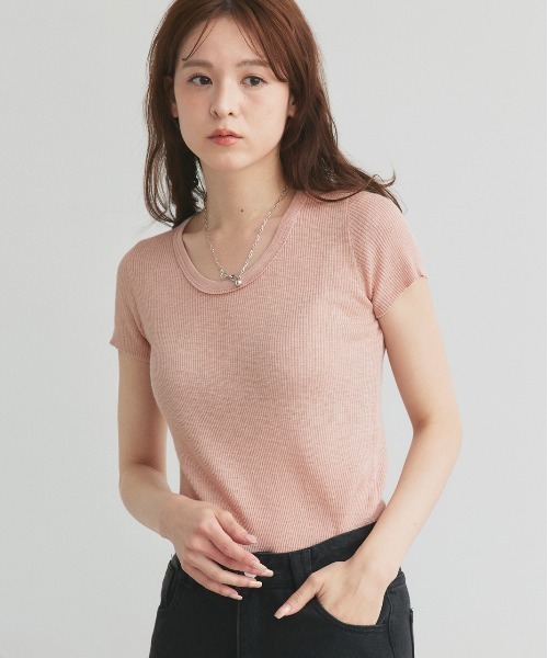 ad thie(アドティエ)の「ハーフスリーブ シアーリブニット(ニット/セーター・レディース・ライトブルー/ライトピンク/ナチュラル/ライトグリーン/ブラック・FREE)」の15枚目の写真