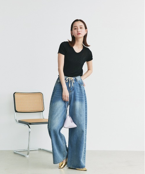 ad thie(アドティエ)の「ハーフスリーブ シアーリブニット(ニット/セーター・レディース・ライトブルー/ライトピンク/ナチュラル/ライトグリーン/ブラック・FREE)」の22枚目の写真