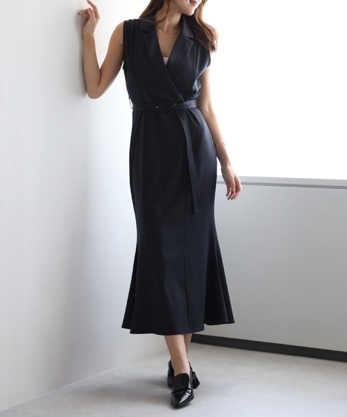 STRETA(ストレタ)の「骨格ストレート細見えジレ風マーメイドワンピース(ワンピース・レディース・ダークネイビー/ブラウン系その他・MS/M)」の2枚目の写真