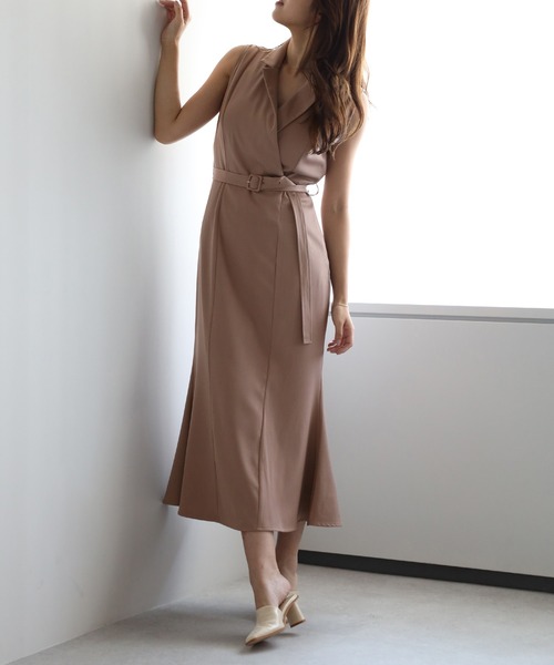 STRETA(ストレタ)の「骨格ストレート細見えジレ風マーメイドワンピース(ワンピース・レディース・ダークネイビー/ブラウン系その他・MS/M)」の8枚目の写真