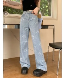 【カジュアルコーデのマストアイテム!】リボン柄デニムパンツ 低身長 高身長(BL)