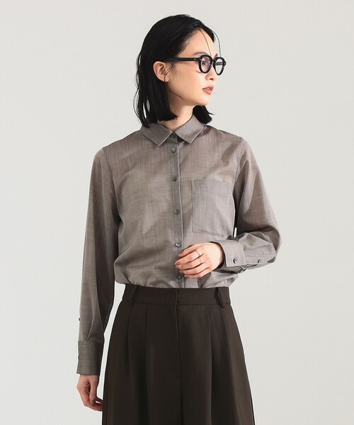 Demi-Luxe BEAMS（デミルクス ビームス）の「ポリエステル ウール トロピカル シアー シャツ［手洗い可］（シャツ/ブラウス・レディース・チャコールグレー/オフホワイト/ブラウン・ONE SIZE）」の5枚目の写真
