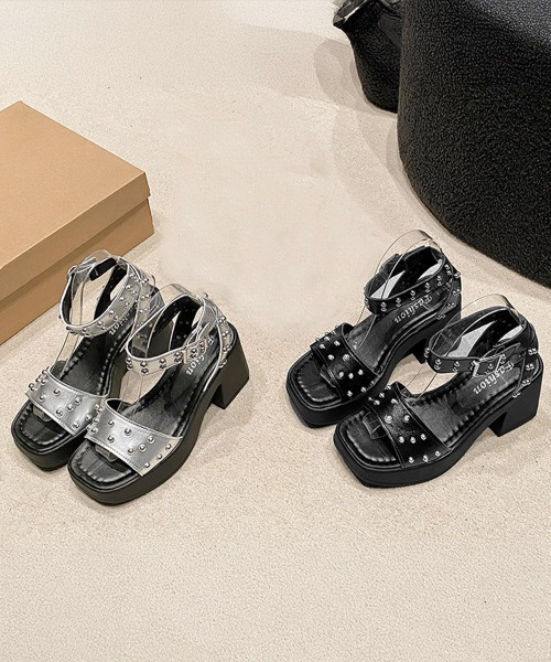 Miniministore（ミニミニストア）の「スタッズ 厚底サンダル チャンキーヒール（サンダル・レディース・ブラック/シルバー・24.5cm/24.0cm/23.5cm/23.0cm/22.5cm）」の18枚目の写真
