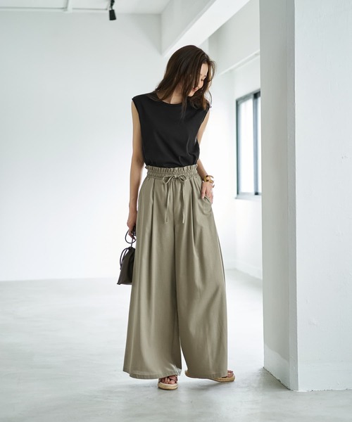LCB-2502-002 パンツ ワイド ストレート ロング リネン混 デイリ LUXE】麻混リゾートドレープワイドパンツ(その他パンツ