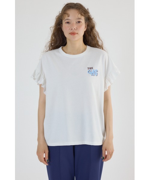 CADUNÉ フリル付きホワイトTシャツ セール】チュールフリル付きデザインロングTシャツ（Tシャツ