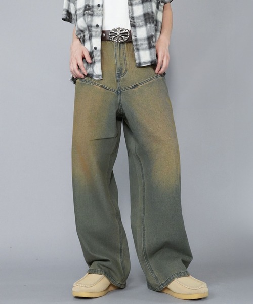【新品】バギーパンツ menes vintage加工デニム ジーンズ ヴィンテージ加工 デニムワイドバギーパンツ / Vintage