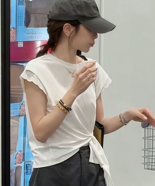 LADY LIKE(レディライク)の「レース付きウエストドレープTシャツ(Tシャツ/カットソー・レディース・グレー/ホワイト・M)」の1枚目の写真