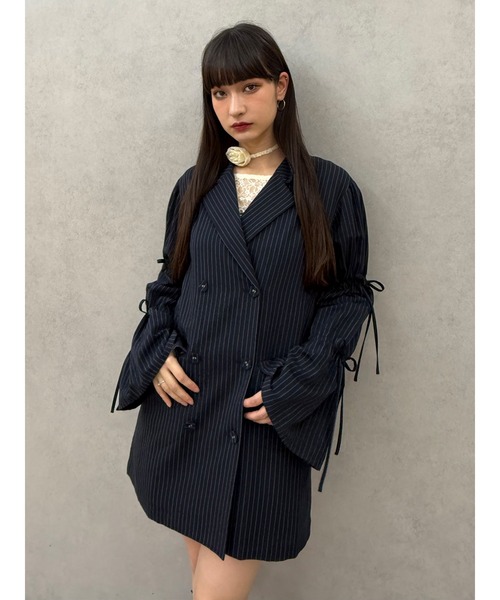 美品 jouetie スリーブリボンジャケットミニワンピース ネイビーストライプ セール】リボンスリーブジャケットミニワンピース【セットアップ対応