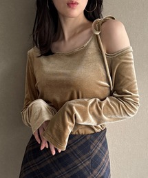 アシメ肩リボンベロアトップス