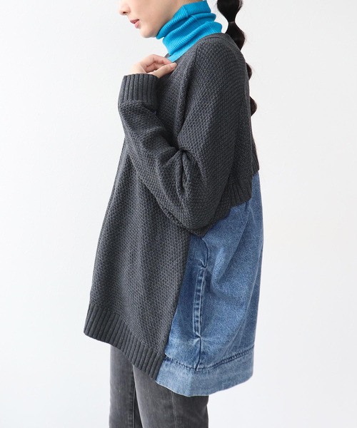 Three Four Time(スリーフォータイム)の「デニムコンビVジップブルゾン(カーディガン/ボレロ・レディース・ベージュ/チャコールグレー・FREE)」の2枚目の写真