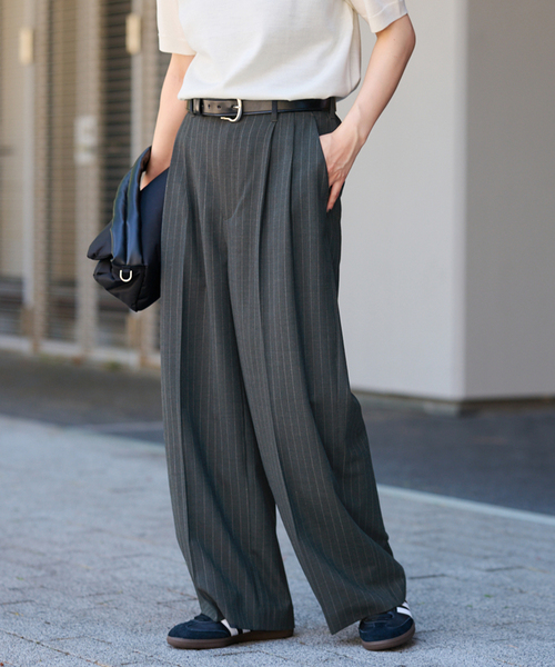 セール】ウォッシャブルTWストライプタックワイドパンツ（スラックス