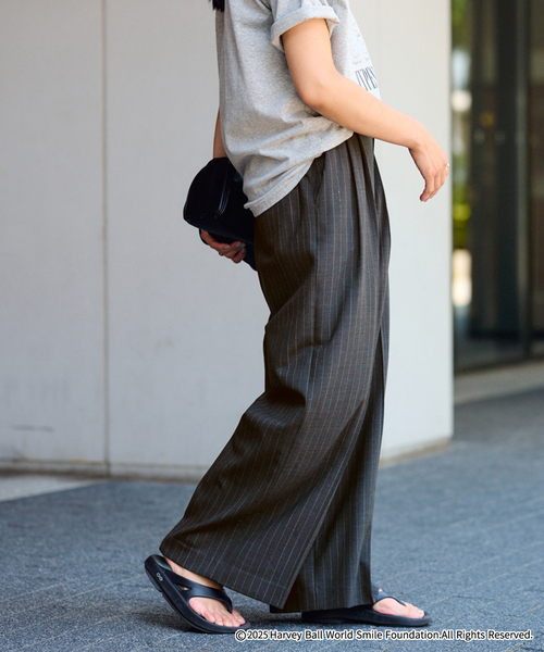 セール】ウォッシャブルTWストライプタックワイドパンツ（スラックス