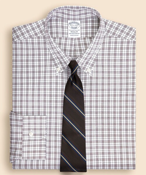 BROOKS BROTHERS(ブルックスブラザーズ)の「ストレッチピンポイントオックスフォード チェック ドレスシャツ Regular Fit(ビジネスシャツ・メンズ・ホワイト/ブラウン・15 1/2-33/16-31/16-32/16-33/16 1/2-33/16 1/2-32/16 1/2-34/17-32/17-33/14 1/2-31/15-31/15-32/15 1/2-31/15 1/2-32/14 1/2-32/15-33)」の1枚目の写真