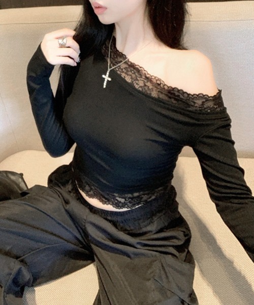 REMUR(レミュール)の「レース切り替えオフショル(Tシャツ/カットソー・レディース・ブラック/ホワイト/グレー・FREE)」の1枚目の写真