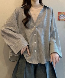 ストライプ柄 V ネック ビッグスリーブ シャツ