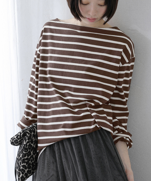 La TOTALITE(ラトータリテ)の「【洗える】Le Minor/ルミノア ボーダープルオーバー(Tシャツ/カットソー・レディース・ブラック/ブラウン・FREE)」の17枚目の写真