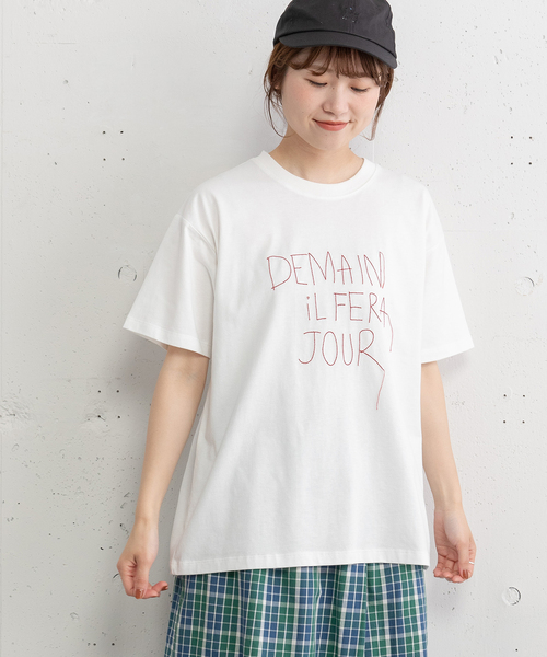 POU DOU DOU(プードゥドゥ)の「ロゴ刺繍Tシャツ(Tシャツ/カットソー・レディース・オフホワイト/ダークブルー/ピンク・M)」の22枚目の写真