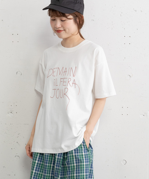 POU DOU DOU(プードゥドゥ)の「ロゴ刺繍Tシャツ(Tシャツ/カットソー・レディース・オフホワイト/ダークブルー/ピンク・M)」の21枚目の写真